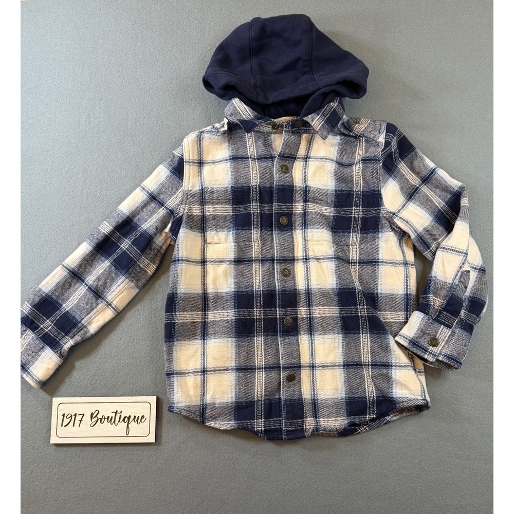 Gymboree Boys Size 6 Blue Cream Plaid Hooded Flannel Shirt Long Sleeve Button Up
